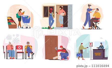 Vector Set of People Characters Don Protective Masks, Covering Their Noses And Mouths, A Common Sight In Public Spaces 111016894