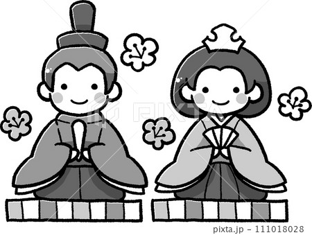ひな祭りのお雛様とお代理様のイラスト(モノクロ)のイラスト素材