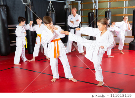 Kids working in pair, mastering kicks in karate class 111018119