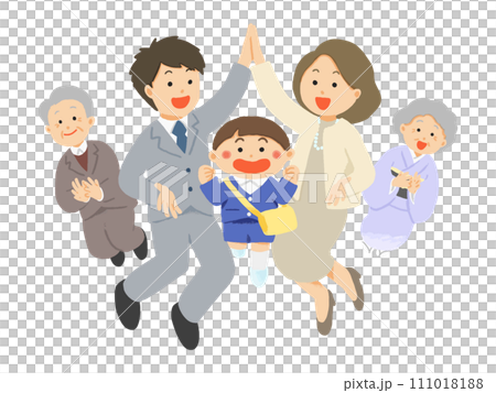 Illustration of a three generation family celebrating the entrance of a boy to kindergarten Illustration of a three generation family celebrating the entrance of a boy to kindergarten 111018188