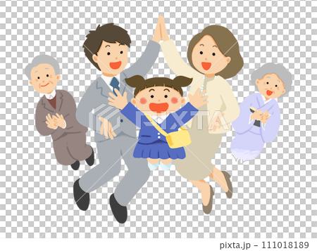 Illustration of a three generation family celebrating the entrance of a girl to kindergarten 111018189