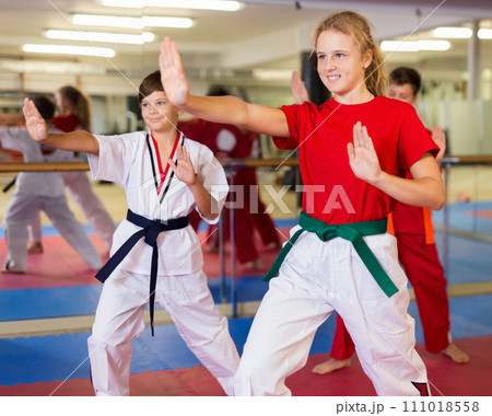 Boys and girls are studying karate technique in gym Boys and girls are studying karate technique in gym 111018558