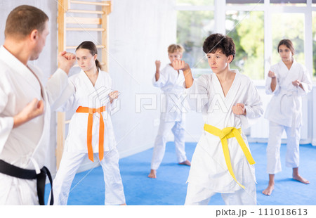 Group of children in kimono trying new martial moves at karate class 111018613