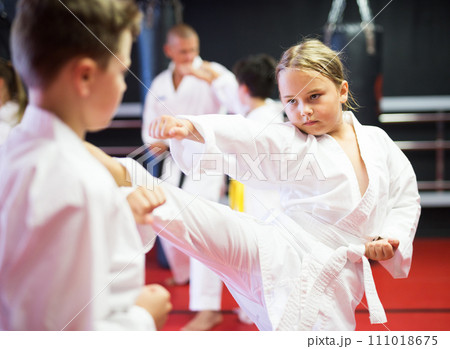 Kids in kimonos exercising techniques in pair during taekwondo class 111018675