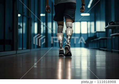 Unrecognizable Amputee Sportsman Walking with Bionic Prosthetic Legs 111018908