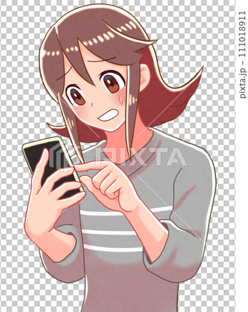一個女孩敲打智能手機的插圖 一個女孩敲打智能手機的插圖 111018911