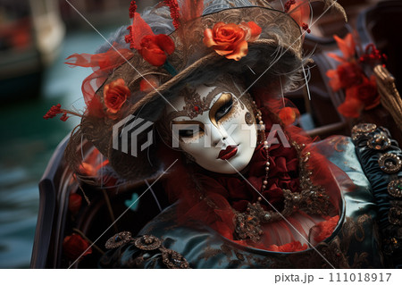 Elegant Person in Vibrant Carnival Costume and Mask at Venice Festival 111018917