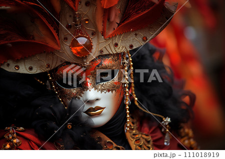 Elegant Person in Vibrant Carnival Costume and Mask at Venice Festival Elegant Person in Vibrant Carnival Costume and Mask at Venice Festival 111018919