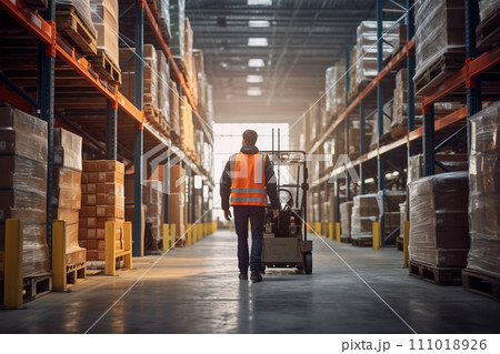 Warehouse Worker Operating Forklift Amidst Aisles with Packaged Goods 111018926