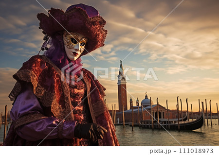 Elegant Person in Vibrant Carnival Costume and Mask at Venice Festival Elegant Person in Vibrant Carnival Costume and Mask at Venice Festival 111018973