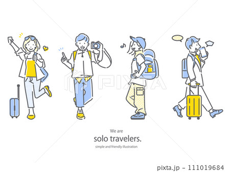 一人旅を楽しむ旅人たち　シンプルでお洒落な線画イラスト 111019684