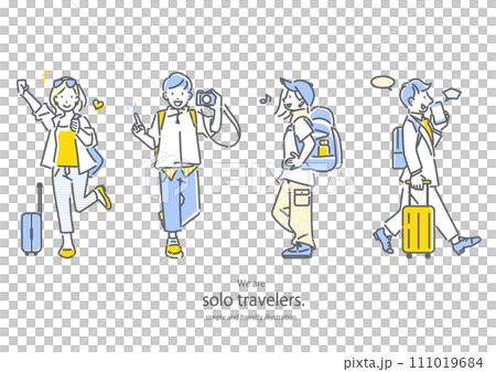一人旅を楽しむ旅人たち　シンプルでお洒落な線画イラスト 111019684