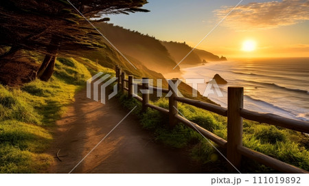 Empty wooden walkway on the ocean coast in the sunset time, pathway to beach, Generative AI 111019892