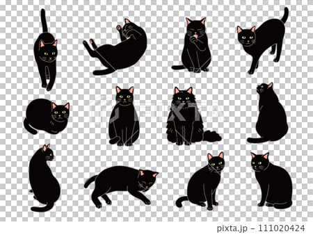 シンプルでかわいい黒猫のイラストセット シンプルでかわいい黒猫のイラストセット 111020424