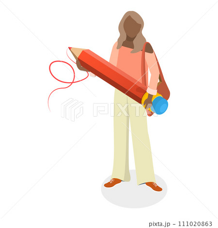 3D Isometric Flat Vector Set of Students Holding Giant Pencil. Item 3 111020863