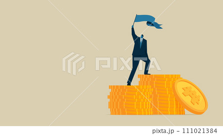 積み上げられたウォン硬貨の上で旗をふる男性 111021384