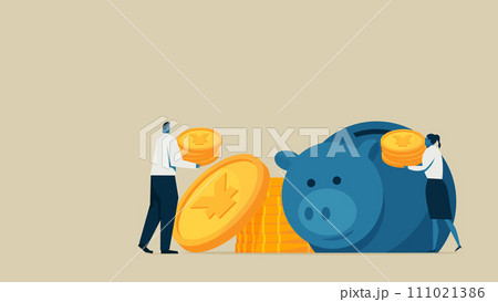 貯金箱に人民元の硬貨を運ぶ男性と女性 111021386