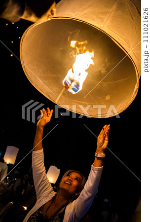 Sky lantern mass release event for Yee Peng and Loy Krathong traditional festival in Chiang Mai 111021626