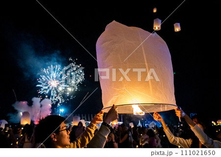 Sky lantern mass release event for Yee Peng and Loy Krathong traditional festival in Chiang Mai Sky lantern mass release event for Yee Peng and Loy Krathong traditional festival in Chiang Mai 111021650