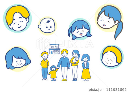 三世代家族の全身&顔イラストセット ブルーとイエロー配色 三世代家族の全身&顔イラストセット ブルーとイエロー配色 111021862