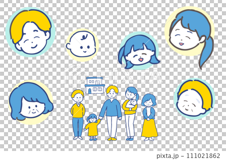 三世代家族の全身&顔イラストセット ブルーとイエロー配色 三世代家族の全身&顔イラストセット ブルーとイエロー配色 111021862