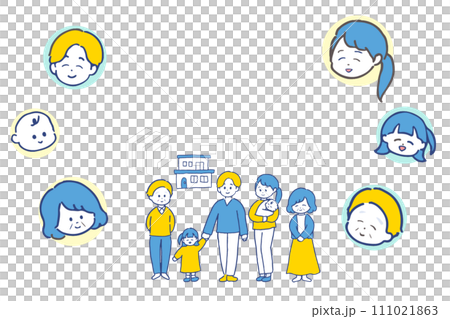 Three-generation family full body and face frame, blue and yellow color scheme Three-generation family full body and face frame, blue and yellow color scheme 111021863