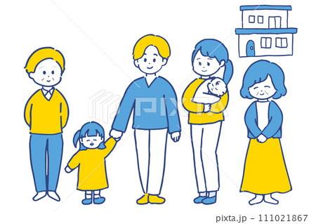 三世代家族の全身イラスト イエローとブルーの配色 三世代家族の全身イラスト イエローとブルーの配色 111021867