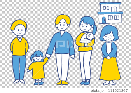 三世代家族の全身イラスト イエローとブルーの配色 三世代家族の全身イラスト イエローとブルーの配色 111021867