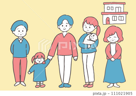 三世代家族の全身イラスト ピンクとブルーの配色 背景色あり 三世代家族の全身イラスト ピンクとブルーの配色 背景色あり 111021905