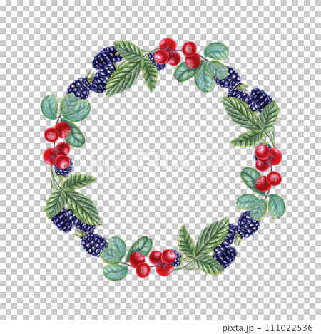 Bearberry and blackberries with leaves. Wreath of forest ripe berries, leaf. Cowberries, bramble. Watercolor illustration for the design of invitation, cards, package design, labels 111022536