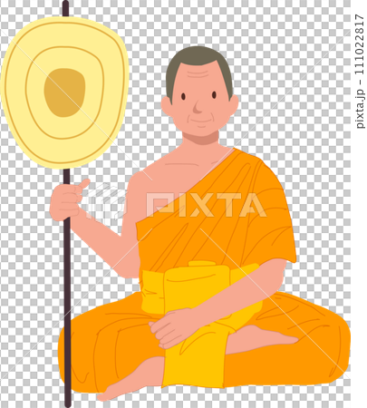 Sitting Thai Monk in Traditional Robes with talipot fan. 111022817