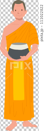 Full length standing Thai Monk in Traditional Robes with Alms bowl. 111022822