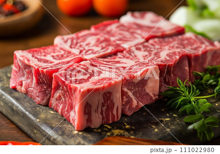 AI-generated content. Close Up of Raw Meat on Cutting Board, Fresh Ingredients for Cooking 111022980
