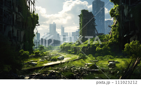 植物に浸食されて荒廃した都市の風景「AI生成画像」 111023212