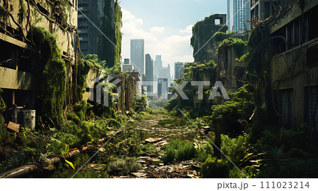 植物に浸食されて荒廃した都市の風景「AI生成画像」 111023214