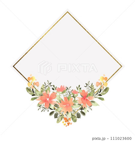 Watercolor floral square frame with compositions of orange, yellow flowers and greenery, frame with gold texture. Hand drawn illustration of botanical template for greeting cards or wedding invitation Watercolor floral square frame with compositions of orange, yellow flowers and greenery, frame with gold texture. Hand drawn illustration of botanical template for greeting cards or wedding invitation 111023600