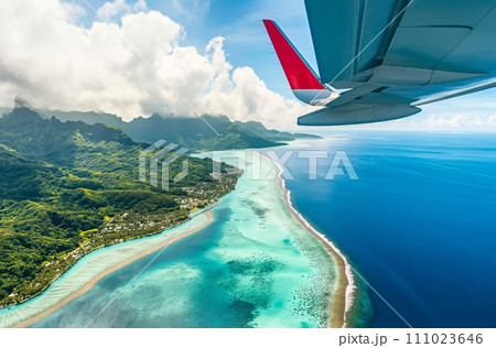 AI-generated content. Airplane Wing Soaring Above Scenic Tropical Island 111023646