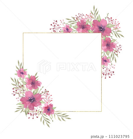 Watercolor floral square frame with compositions of pink flowers and greenery, frame with golden texture. Hand drawn illustration of botanical template for greeting cards or wedding invitations, mothe 111023795