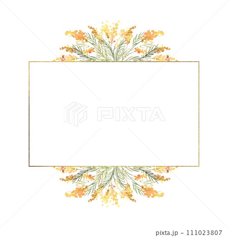 Floral watercolor square frame with yellow mimosas and greenery, frame with gold texture. Hand drawn illustration of botanical template for greeting cards or wedding invitations, mother's day, birthda 111023807