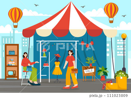 Flea Market Vector Illustration with Second Hand Shop with Shoppers, Swap Meet, Sellers and Customers at Weekend in Business Flat Background 111023809