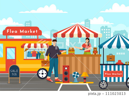 Flea Market Vector Illustration with Second Hand Shop with Shoppers, Swap Meet, Sellers and Customers at Weekend in Business Flat Background 111023813