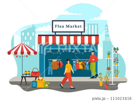 Flea Market Vector Illustration with Second Hand Shop with Shoppers, Swap Meet, Sellers and Customers at Weekend in Business Flat Background 111023816