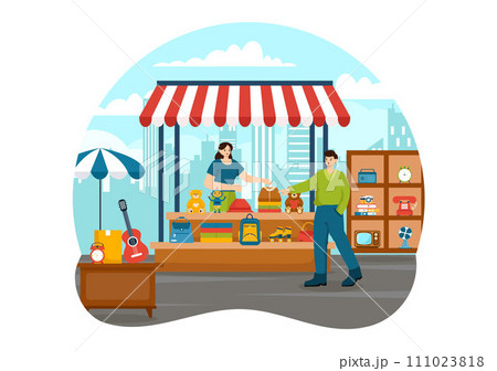 Flea Market Vector Illustration with Second Hand Shop with Shoppers, Swap Meet, Sellers and Customers at Weekend in Business Flat Background 111023818