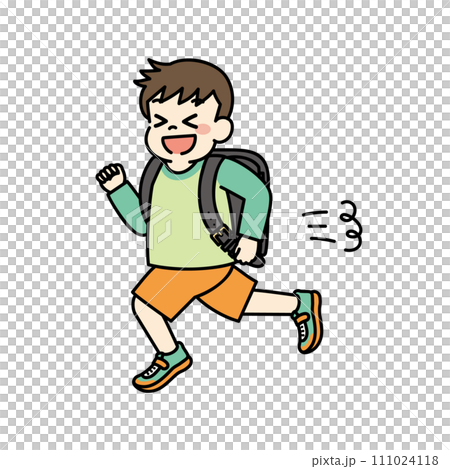 Illustration of an elementary school boy running with a school bag on his back 111024118