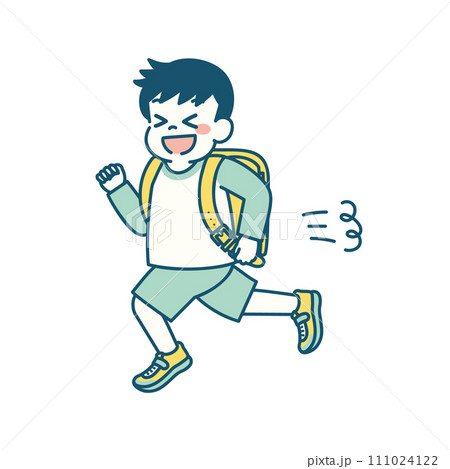 ランドセルを背負って走る小学生の男の子のイラスト　シンプル 111024122