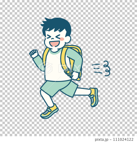 ランドセルを背負って走る小学生の男の子のイラスト　シンプル 111024122