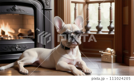暖炉の前でおすましするフレンチブルドッグ 111024205