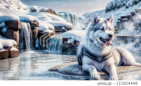 温泉につかる犬 111024448