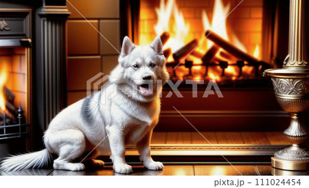 薪ストーブで暖をとる犬 薪ストーブで暖をとる犬 111024454