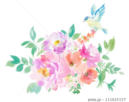 水彩で描いたピンク色の牡丹と青い鳥、草花のブーケイラスト 111025157